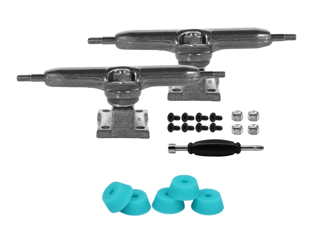Teak Tuning Fingerboard Prodigy Trucks with Upgraded Tuning, Raw Steel - 34mm Width - Includes Free 61A Pro Duro Bubble Bushings in Teak Teal Raw Steel