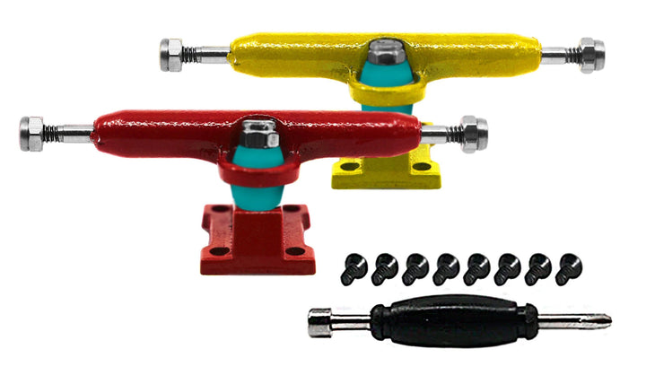 Teak Tuning Professional Shaped Prodigy Trucks, "Fun Home" - Red & Yellow - 32mm Wide - Includes Free 61A Pro Duro Bubble Bushings in Teak Teal