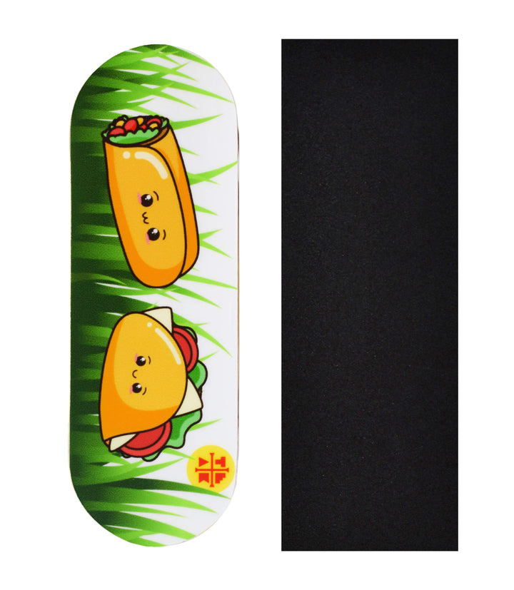Teak Tuning Heat Transfer Graphic Wooden Fingerboard Deck, "Happy Tacos" - 32mm x 97mm